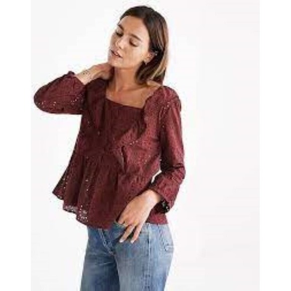 Madewell Women Eyelet Top Size XL Long Sleeve Boho‎ Cottage Peasant Romantic - Picture 2 of 13